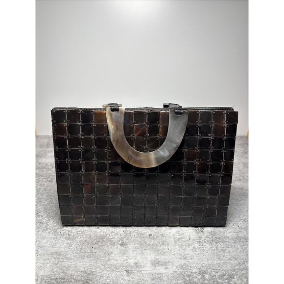 Vintage Lucite Bakelite Tortoise Square Tiles Purse Clutch Day/Evening Brown Bag - Picture 1 of 9